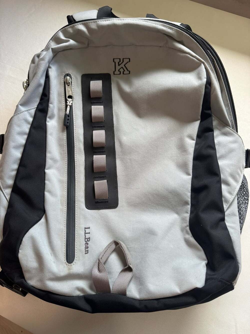 L.L.Bean Gray Black Backpack Monogram K Hiking Travel School Daypack